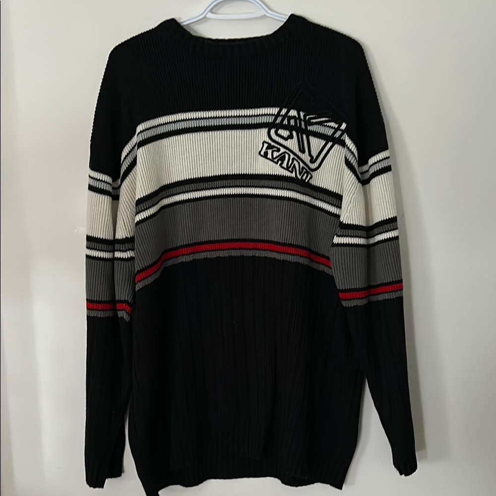 Karl Kani Vintage Black, White & Gray Striped Crewneck Sweater with Red Accents